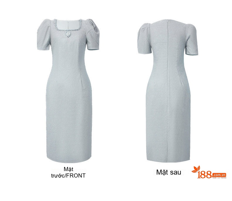 Váy Ôm Body Nữ Thiết Kế Cổ chữ Vuông Tay Bồng Đính Đá Màu Xám chi tiết 4