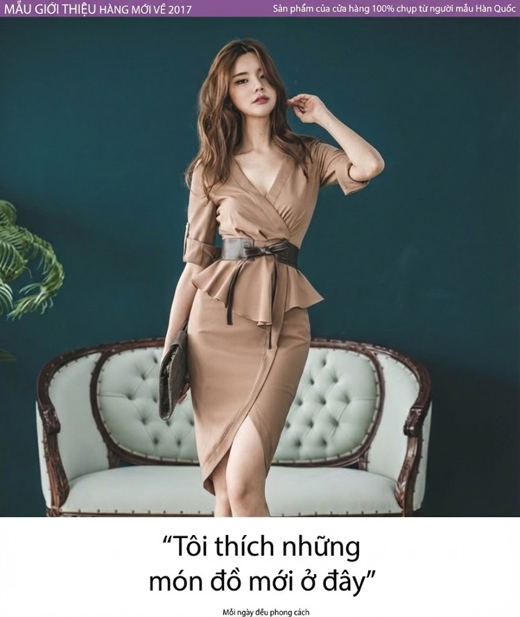 Váy Ôm Body Nữ V Cổ Tay Lỡ Dáng Peplum Màu Nâu chi tiết 4