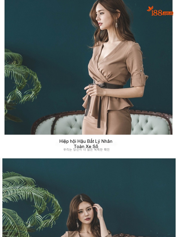 Váy Ôm Body Nữ V Cổ Tay Lỡ Dáng Peplum Màu Nâu chi tiết 13