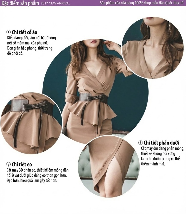 Váy Ôm Body Nữ V Cổ Tay Lỡ Dáng Peplum Màu Nâu chi tiết 1
