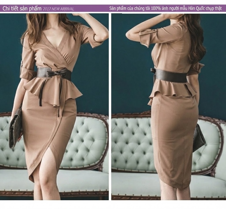 Váy Ôm Body Nữ V Cổ Tay Lỡ Dáng Peplum Màu Nâu chi tiết 18