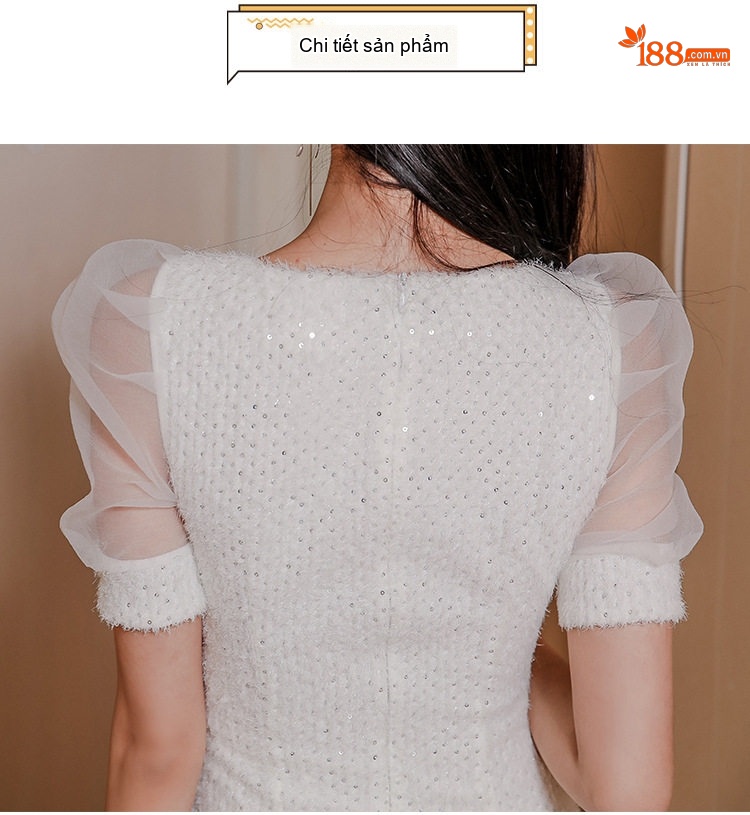 Váy Ôm Body Nữ Vải Lưới Tay Bồng Cổ chữ V Thu Đông Màu Trắng chi tiết 15
