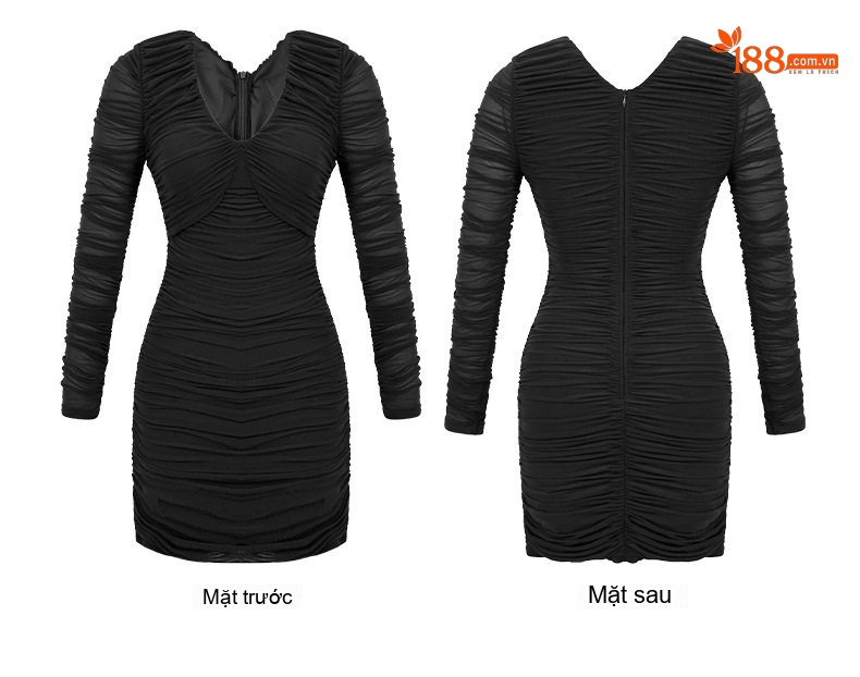 Váy Ôm Body Tay Dài Cổ Chữ V Thu Đông Tôn Dáng Màu Đen, Tím chi tiết 5