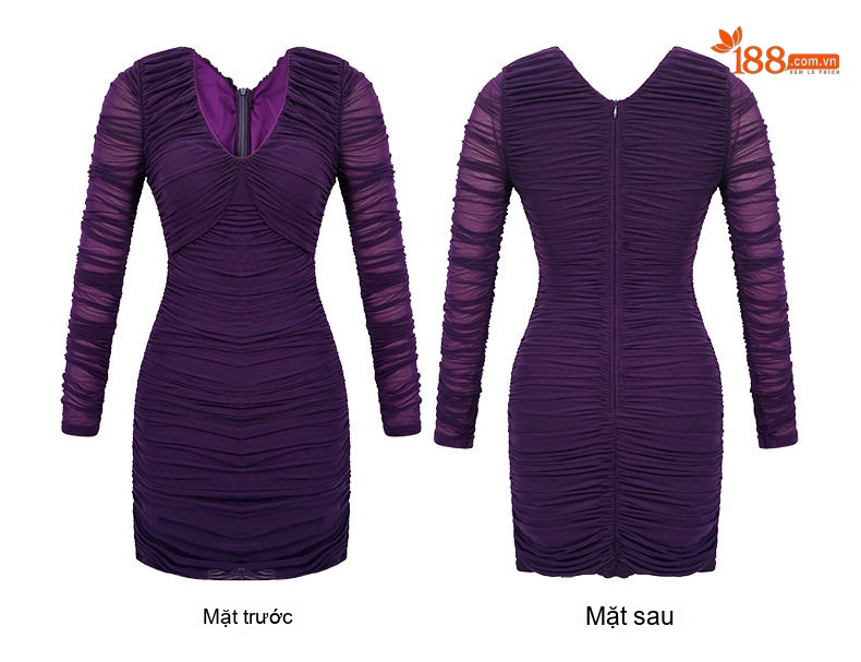 Váy Ôm Body Tay Dài Cổ Chữ V Thu Đông Tôn Dáng Màu Đen, Tím chi tiết 6