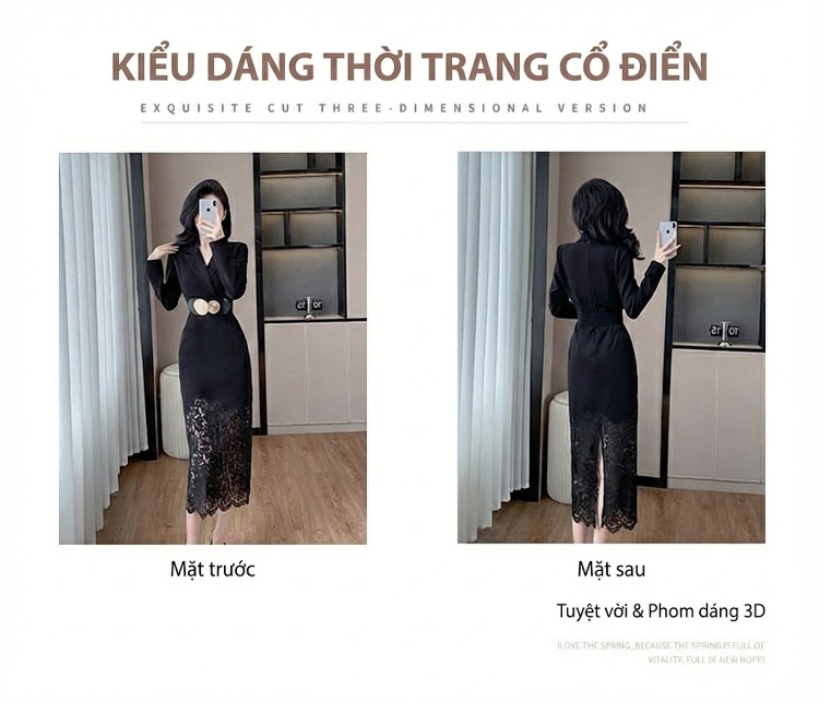 Váy Ôm Body Tay Dài Cổ chữ Vest Phối Ren Phong Cách Pháp chi tiết 6