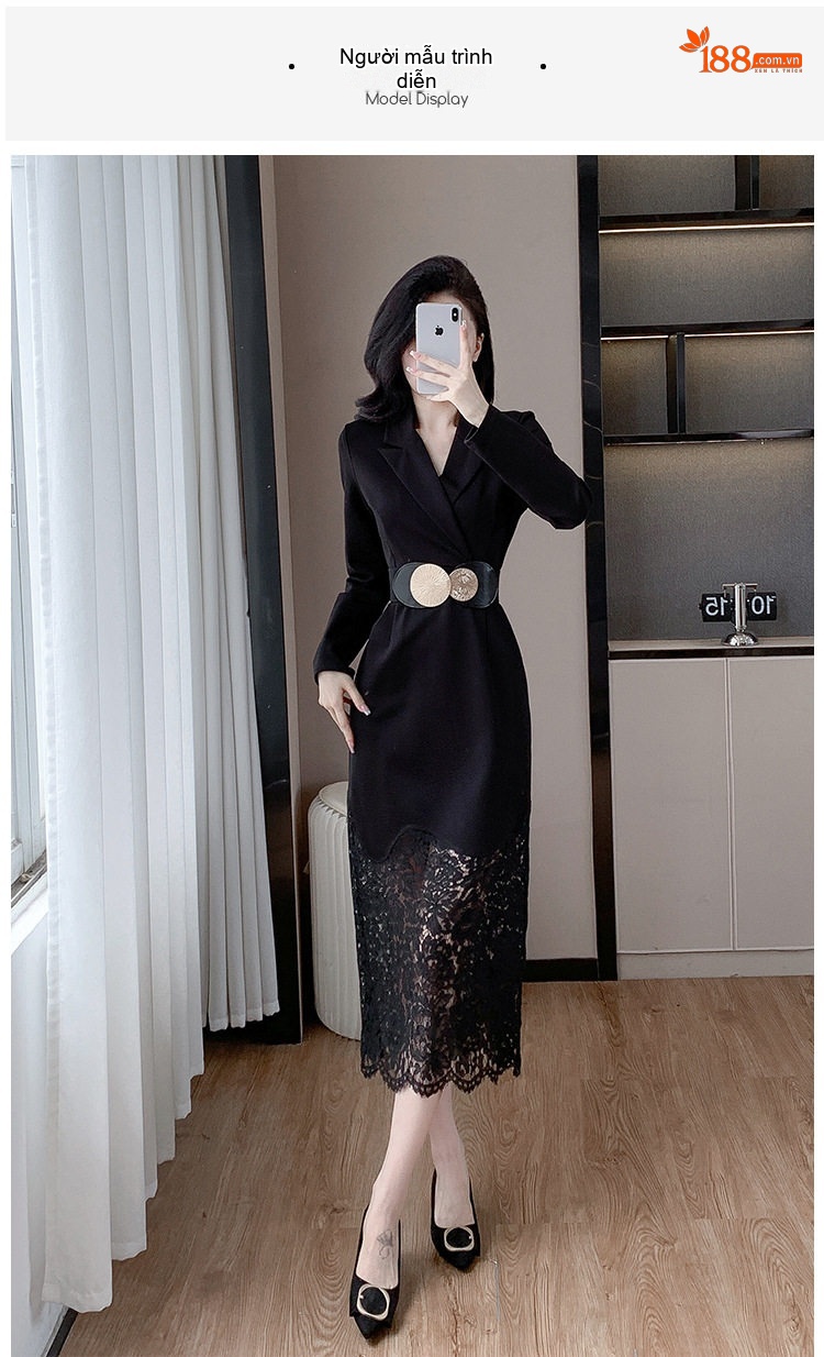 Váy Ôm Body Tay Dài Cổ chữ Vest Phối Ren Phong Cách Pháp chi tiết 9