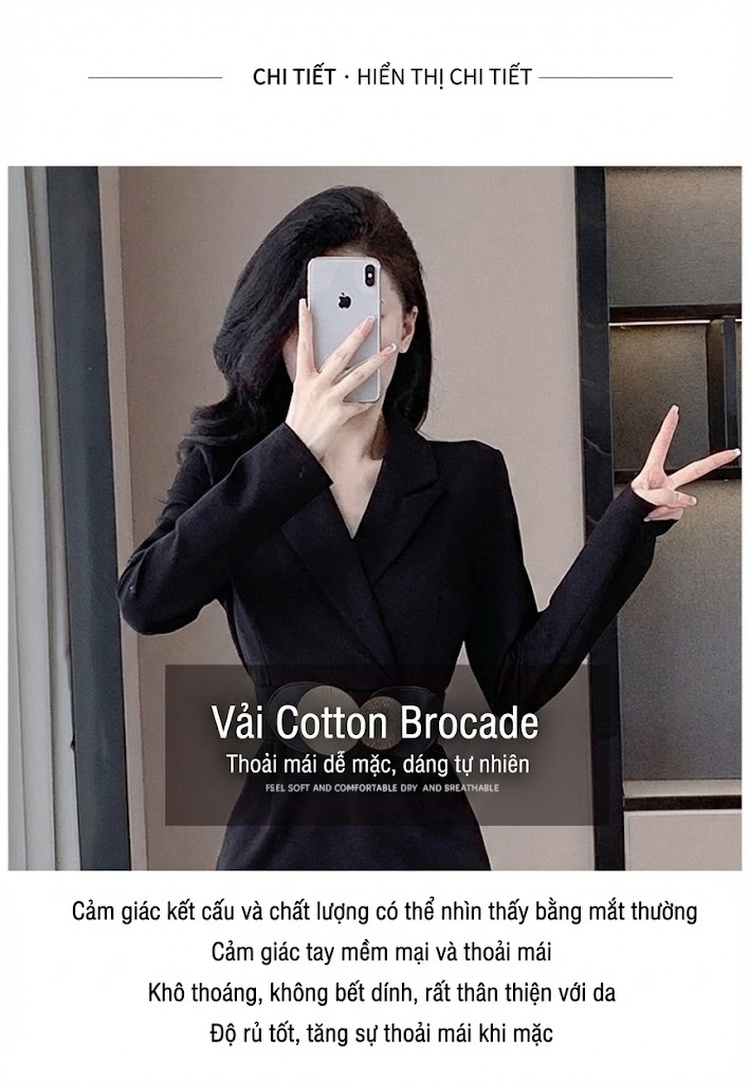 Váy Ôm Body Tay Dài Cổ chữ Vest Phối Ren Phong Cách Pháp chi tiết 5