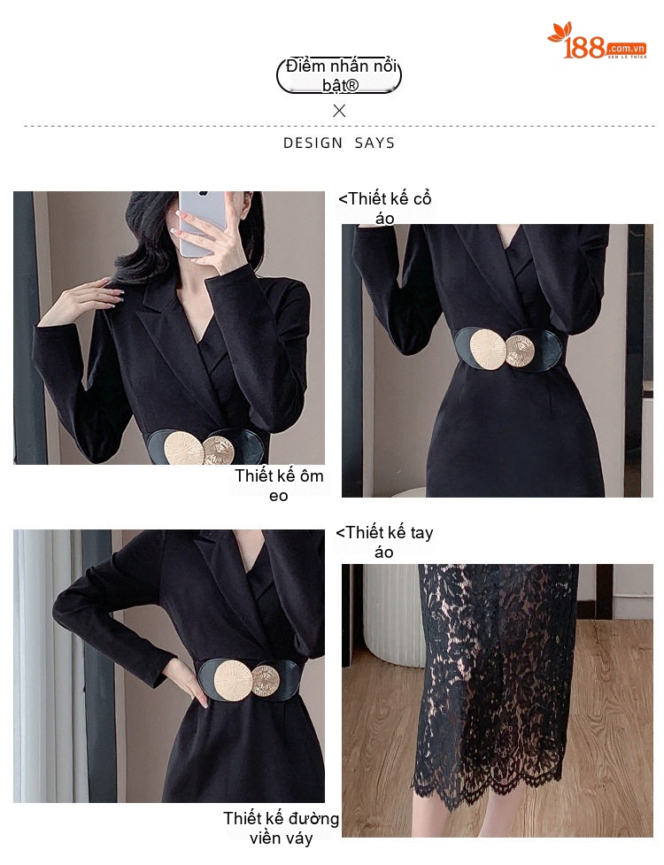 Váy Ôm Body Tay Dài Cổ chữ Vest Phối Ren Phong Cách Pháp chi tiết 2