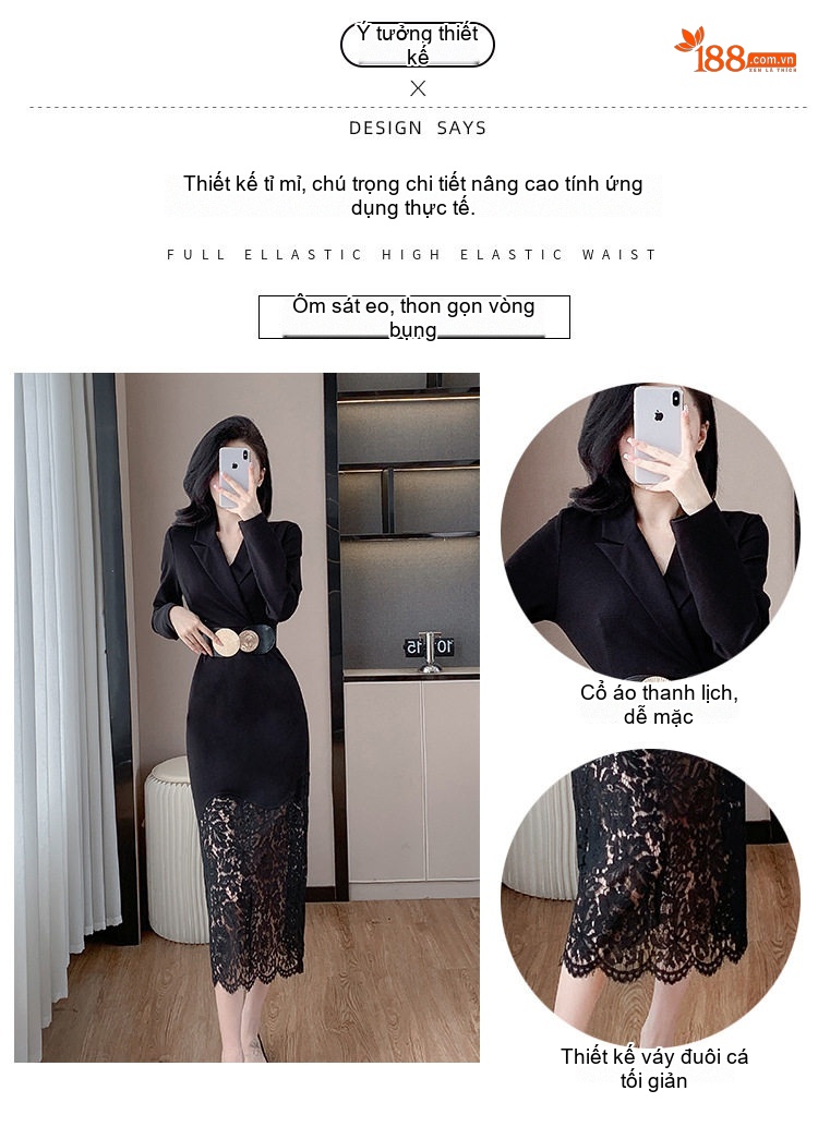 Váy Ôm Body Tay Dài Cổ chữ Vest Phối Ren Phong Cách Pháp chi tiết 4