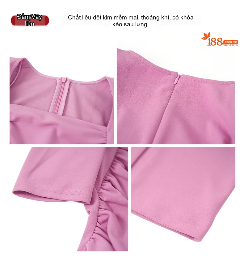 Váy Ôm Body Tay Phồng Cổ chữ Vuông Phong Cách Pháp Thanh Lịch Màu Đen, Hồng chi tiết 4