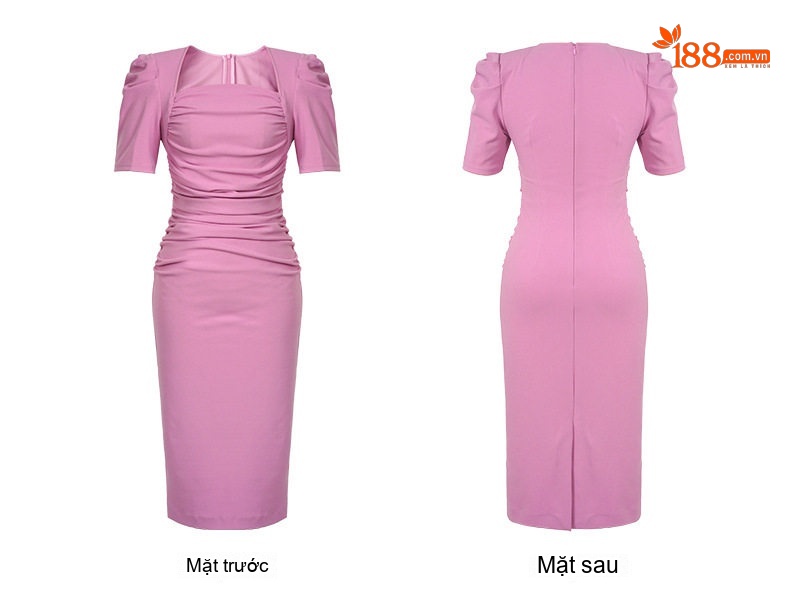 Váy Ôm Body Tay Phồng Cổ chữ Vuông Phong Cách Pháp Thanh Lịch Màu Đen, Hồng chi tiết 7