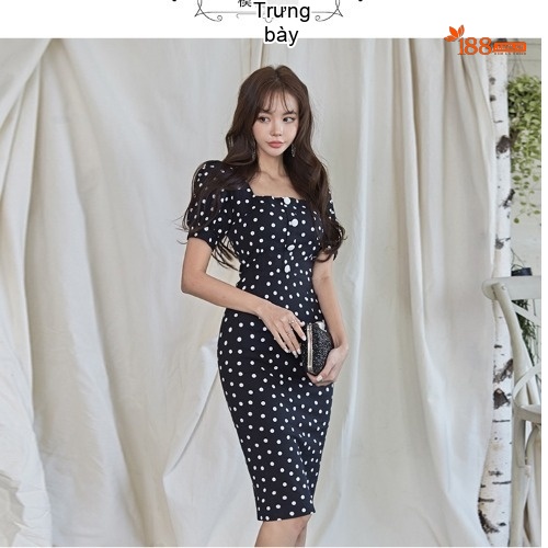 Váy Ôm Bút Chì Nữ Cổ chữ Vuông Tay Bồng Họa Tiết Chấm Bi Tôn Dáng Màu Đen
