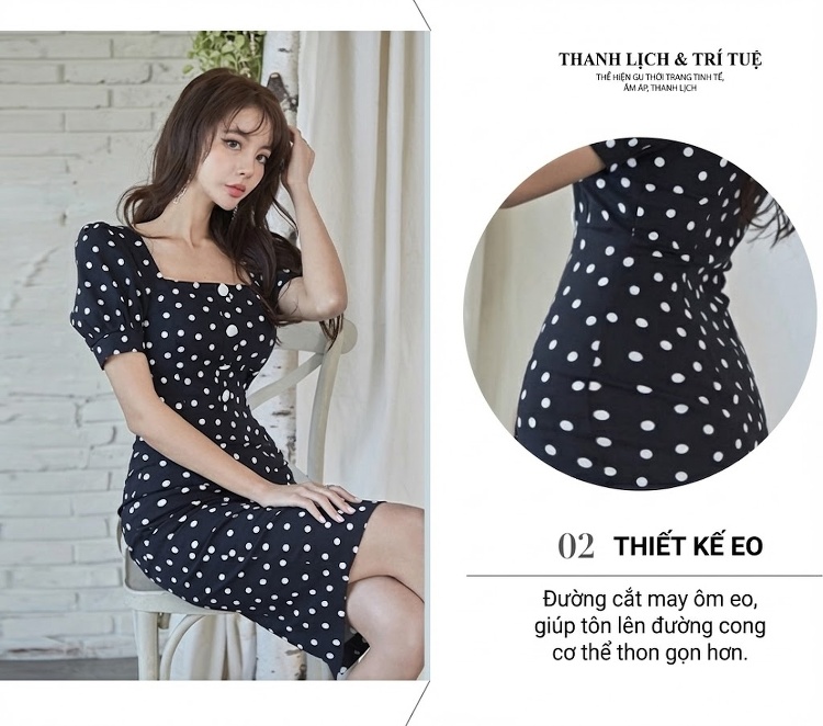 Váy Ôm Bút Chì Nữ Cổ chữ Vuông Tay Bồng Họa Tiết Chấm Bi Tôn Dáng Màu Đen chi tiết 4