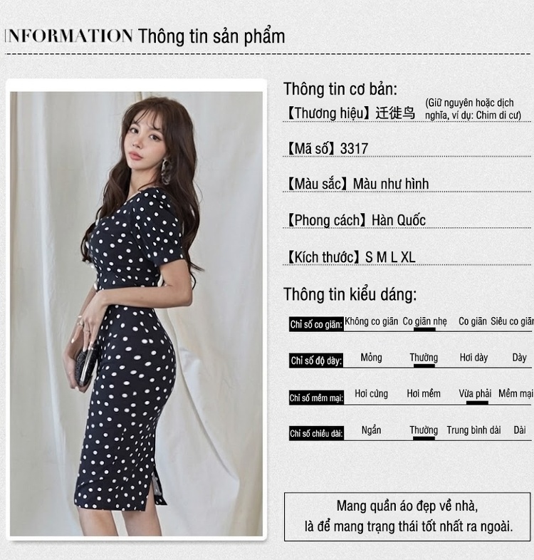 Váy Ôm Bút Chì Nữ Cổ chữ Vuông Tay Bồng Họa Tiết Chấm Bi Tôn Dáng Màu Đen chi tiết 7