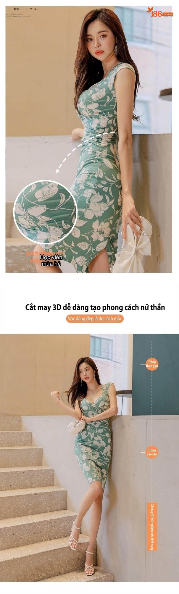 Váy Ôm In Hoa Nữ Cổ chữ V Tay Không Tay Dáng Dài Xẻ Tà Màu Xanh Lá chi tiết 12
