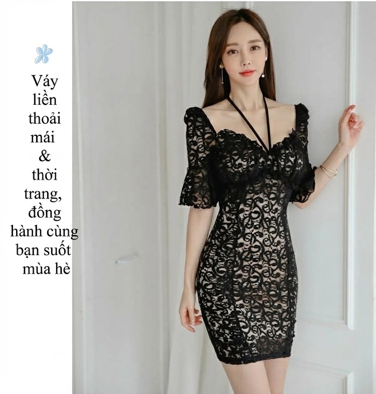 Váy Ôm Ren Nữ Tay Loe Cổ chữ Vuông Đính Nơ Phong Cách Tiểu Thư Màu Đen chi tiết 5