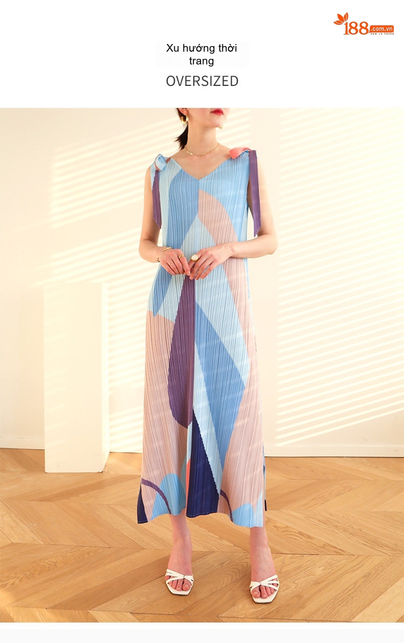 Váy Pleats Nữ In Họa Tiết Phong Cách Mùa Hè Thoáng Mát Màu Kem, Tím, Xanh Dương, Hồng... chi tiết 2