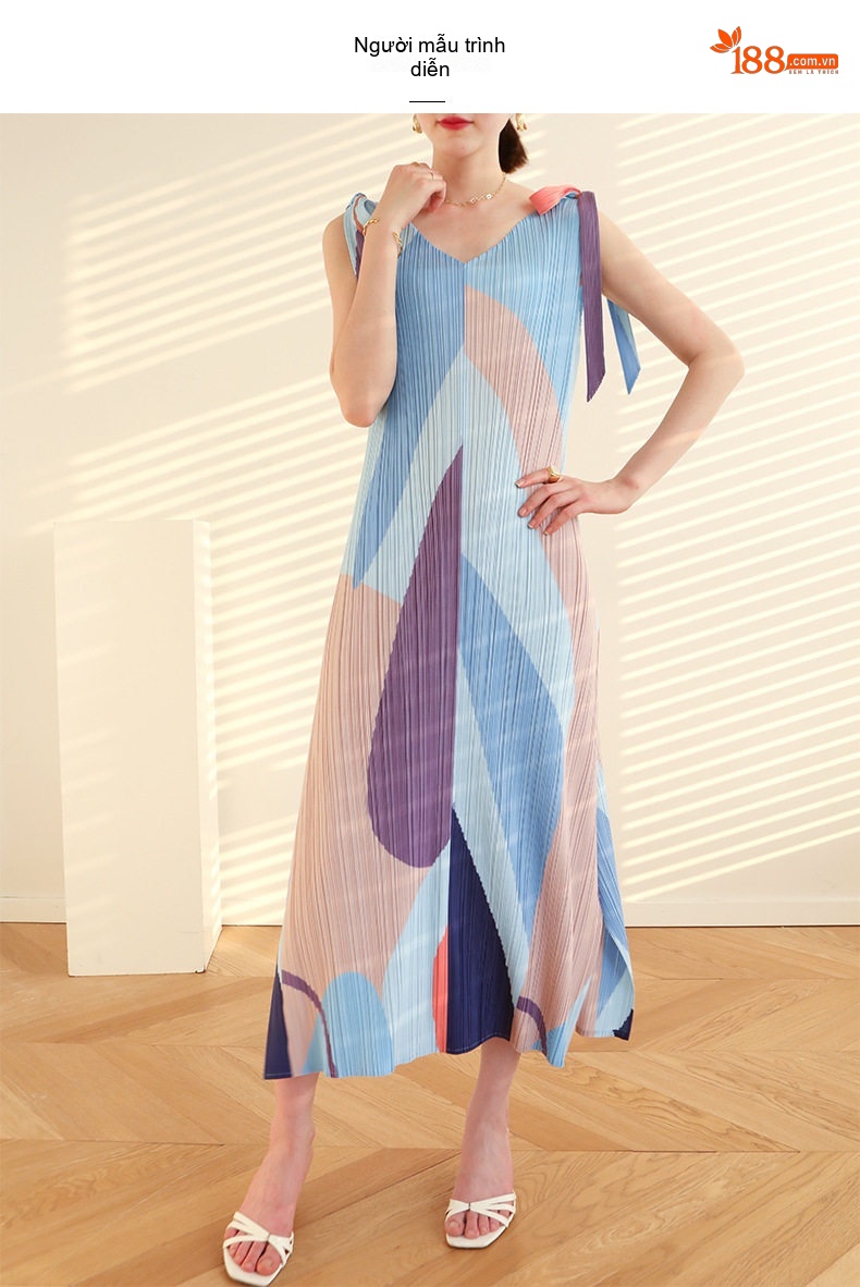 Váy Pleats Nữ In Họa Tiết Phong Cách Mùa Hè Thoáng Mát Màu Kem, Tím, Xanh Dương, Hồng... chi tiết 6