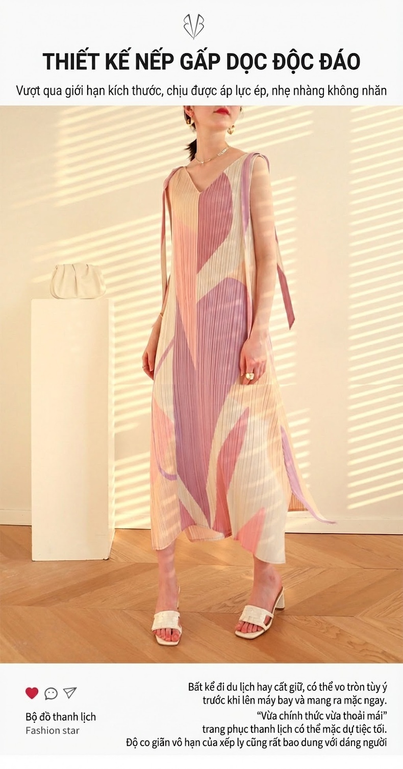 Váy Pleats Nữ In Họa Tiết Phong Cách Mùa Hè Thoáng Mát Màu Kem, Tím, Xanh Dương, Hồng... chi tiết 1