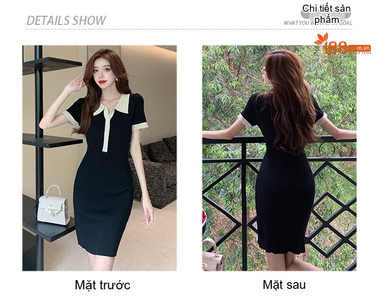 Váy Polo Dệt Kim Ngắn Tay Ôm Dáng Màu Đen, Kem, Cam chi tiết 3