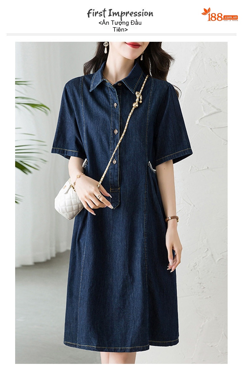 Váy Polo Nữ Jean Dáng Suông Tay Ngắn Màu Xanh Denim chi tiết 1