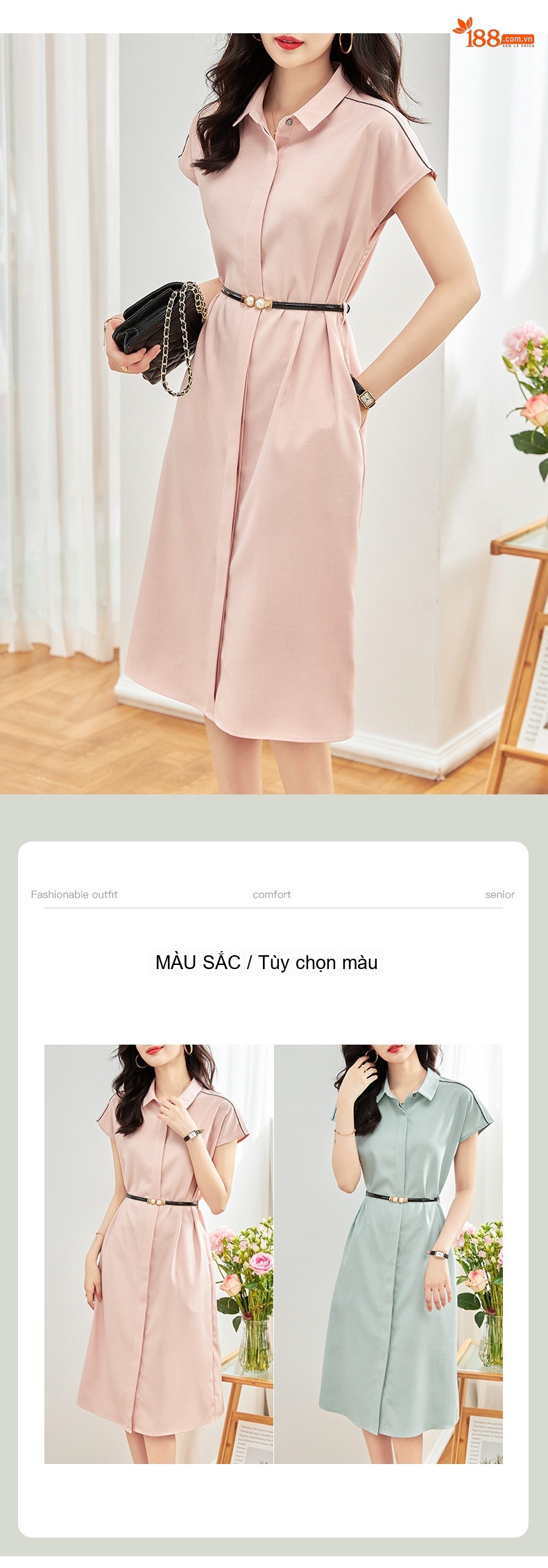 Váy Polo Nữ Tay Lỡ Cổ Đức Phối Màu Đai Eo Thanh Lịch Màu Xanh, Hồng chi tiết 2