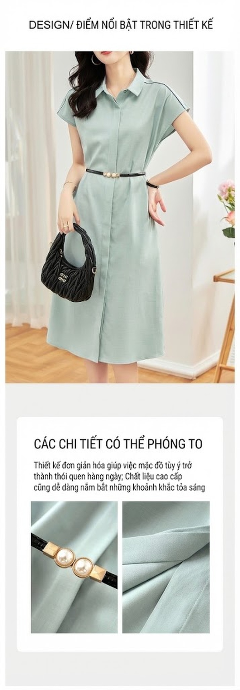 Váy Polo Nữ Tay Lỡ Cổ Đức Phối Màu Đai Eo Thanh Lịch Màu Xanh, Hồng chi tiết 3