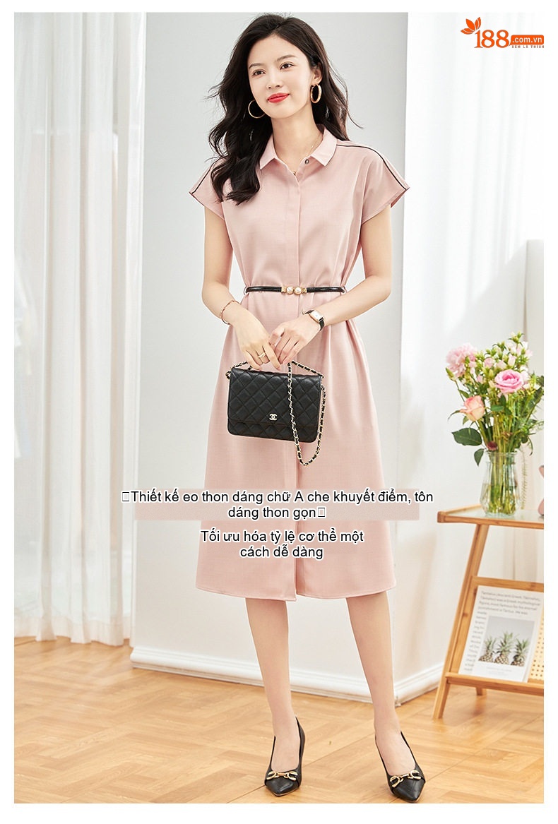 Váy Polo Nữ Tay Lỡ Cổ Đức Phối Màu Đai Eo Thanh Lịch Màu Xanh, Hồng chi tiết 4