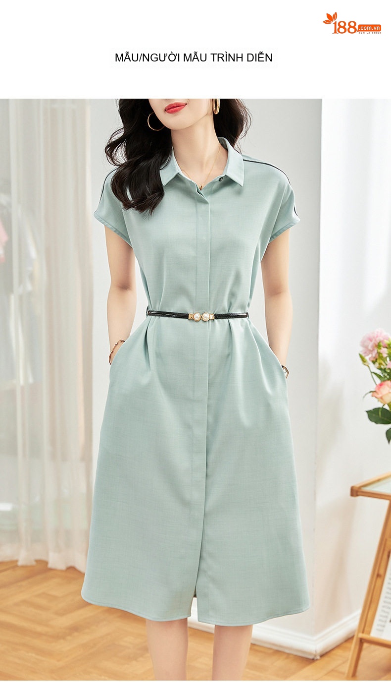 Váy Polo Nữ Tay Lỡ Cổ Đức Phối Màu Đai Eo Thanh Lịch Màu Xanh, Hồng chi tiết 8