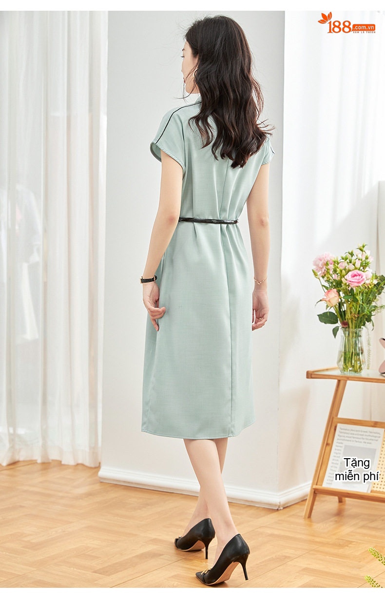 Váy Polo Nữ Tay Lỡ Cổ Đức Phối Màu Đai Eo Thanh Lịch Màu Xanh, Hồng chi tiết 11