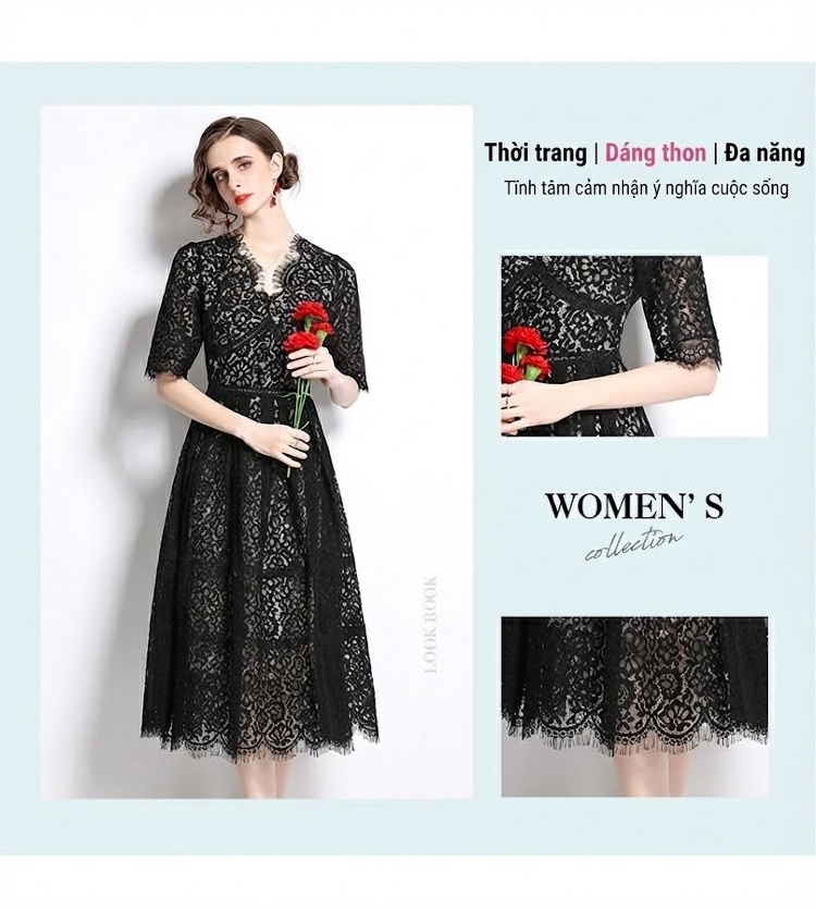 Váy Ren Ngắn Tay Lỡ Cổ chữ V Thắt Eo Xòe Bồng Phong Cách Công Chúa Màu Đen chi tiết 2