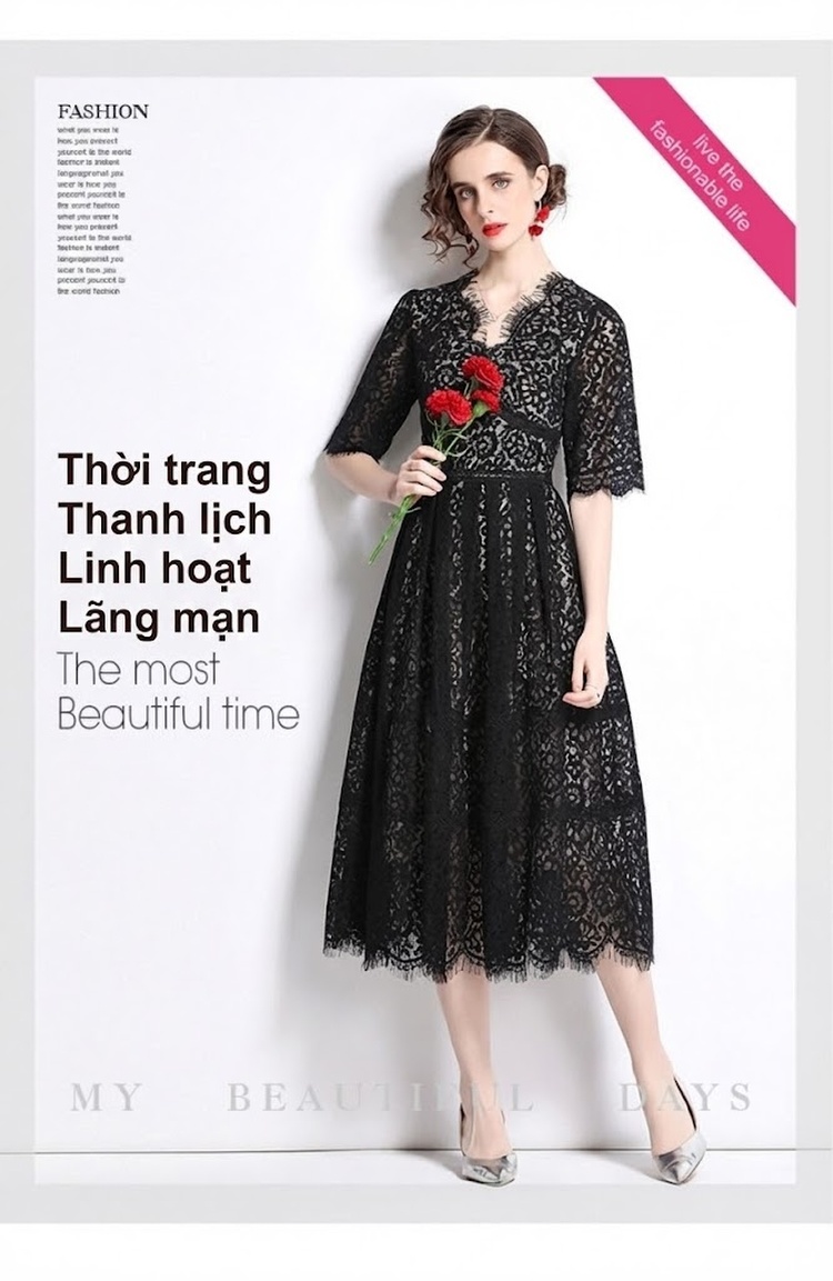 Váy Ren Ngắn Tay Lỡ Cổ chữ V Thắt Eo Xòe Bồng Phong Cách Công Chúa Màu Đen chi tiết 3