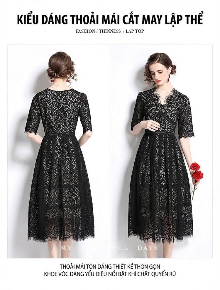 Váy Ren Ngắn Tay Lỡ Cổ chữ V Thắt Eo Xòe Bồng Phong Cách Công Chúa Màu Đen chi tiết 7