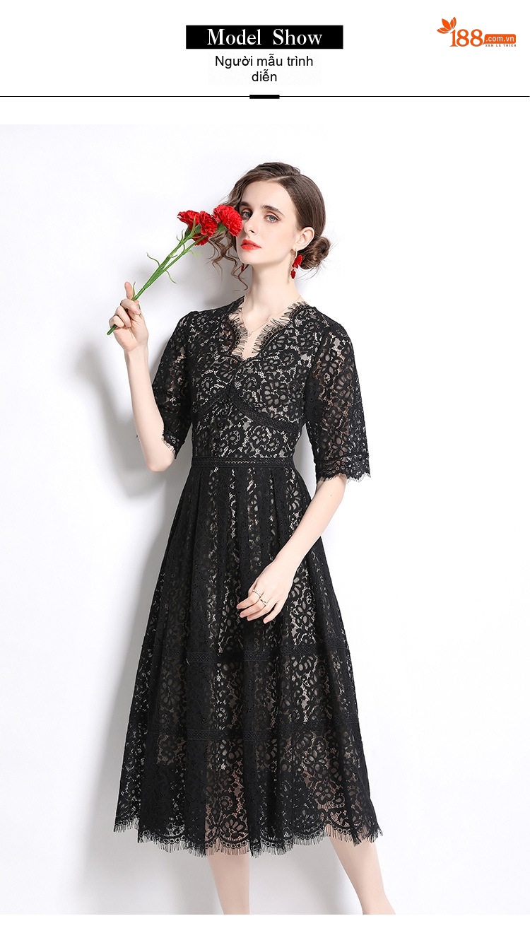 Váy Ren Ngắn Tay Lỡ Cổ chữ V Thắt Eo Xòe Bồng Phong Cách Công Chúa Màu Đen chi tiết 12