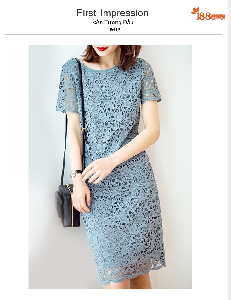 Váy Ren Nữ Cổ Tròn Tay Ngắn Dáng Suông Chữ A Thắt Eo Nhẹ Phong Cách Công Sở Màu Xanh, Hồng, Xám, Đen chi tiết 1