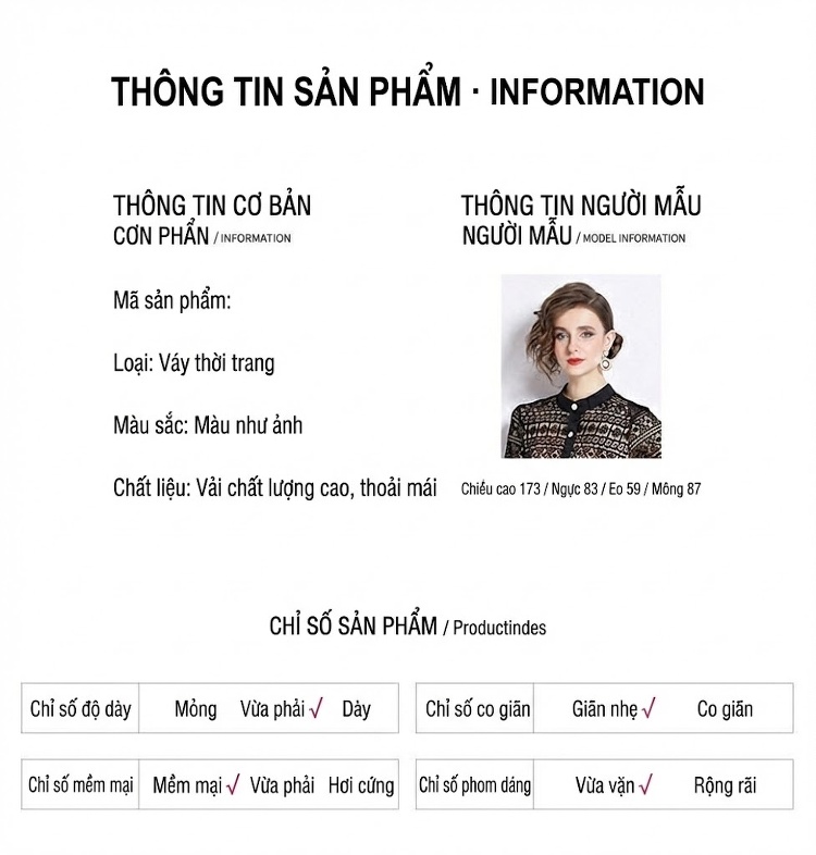 Váy Ren Nữ dáng chữ A Chiết Eo Phong Cách Cổ Điển Màu Đen, Xanh, Đỏ chi tiết 10