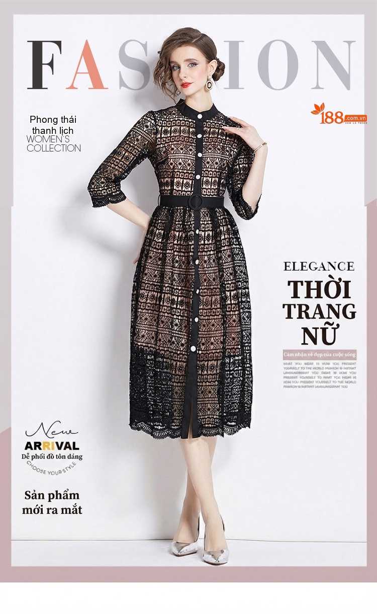 Váy Ren Nữ dáng chữ A Chiết Eo Phong Cách Cổ Điển Màu Đen, Xanh, Đỏ chi tiết 1
