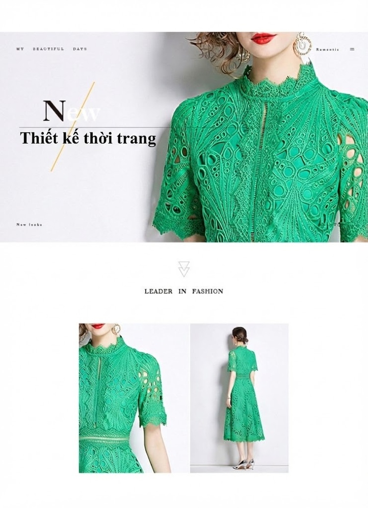 Váy Ren Nữ Mùa Hè Thêu Hoa Thiết Kế Sang Trọng Màu Xanh Lá chi tiết 2