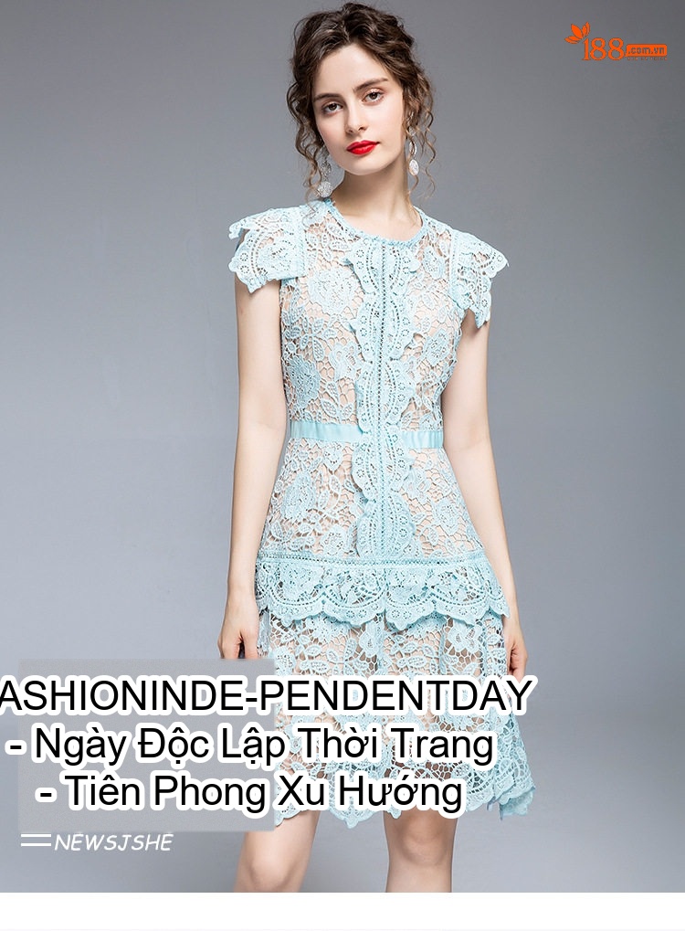 Váy Ren Nữ Tay Bồng Thiết Kế Bất Đối Xứng Thắt Eo Tôn Dáng Màu Xanh chi tiết 1