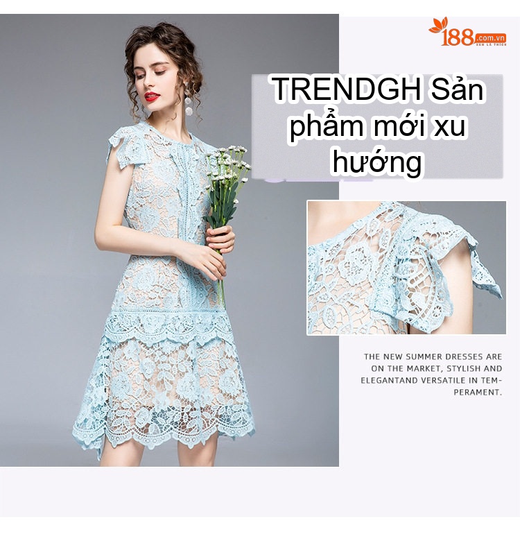 Váy Ren Nữ Tay Bồng Thiết Kế Bất Đối Xứng Thắt Eo Tôn Dáng Màu Xanh chi tiết 4