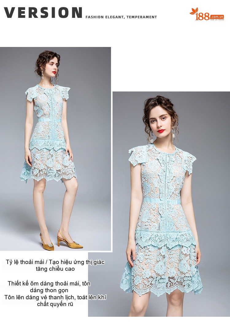 Váy Ren Nữ Tay Bồng Thiết Kế Bất Đối Xứng Thắt Eo Tôn Dáng Màu Xanh chi tiết 6