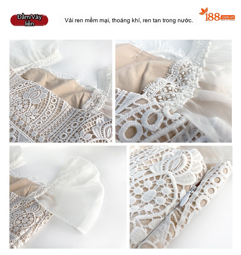 Váy Ren Nữ Tay Bồng Thiết Kế Pháp Cổ Điển Thanh Lịch Màu Trắng chi tiết 3