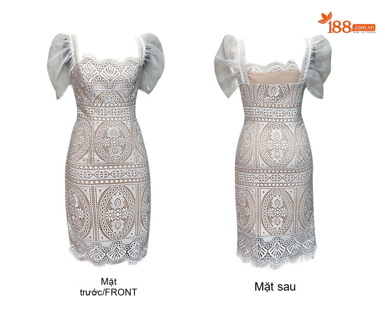 Váy Ren Nữ Tay Bồng Thiết Kế Pháp Cổ Điển Thanh Lịch Màu Trắng chi tiết 4