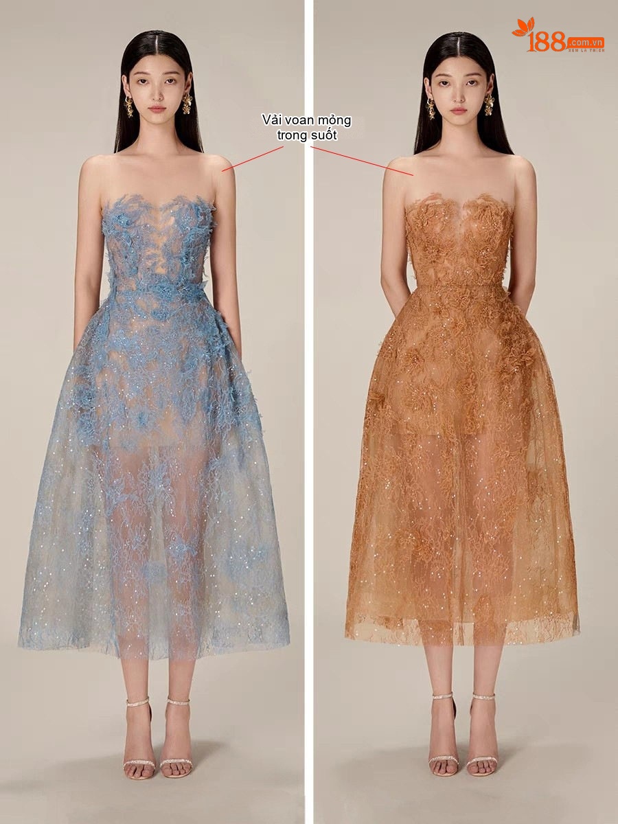 Váy Ren Thiết Kế Xuyên Thấu dáng chữ A Họa Tiết Hoa 3D Đính Sequins