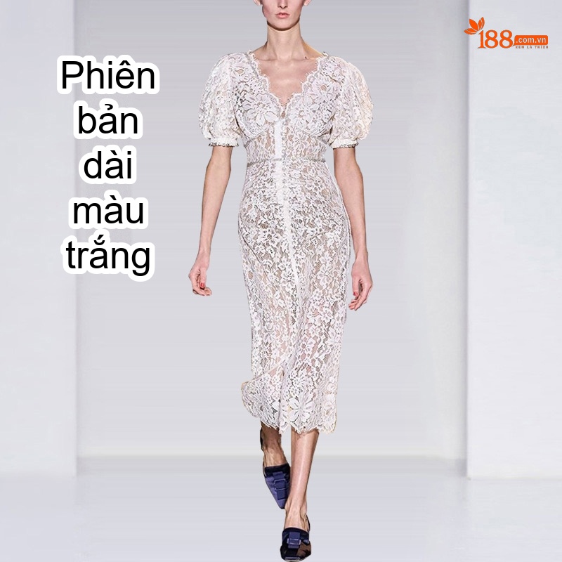 Váy Ren Trắng Nữ Cổ chữ V Viền Đá Phong Cách Pháp chi tiết 4