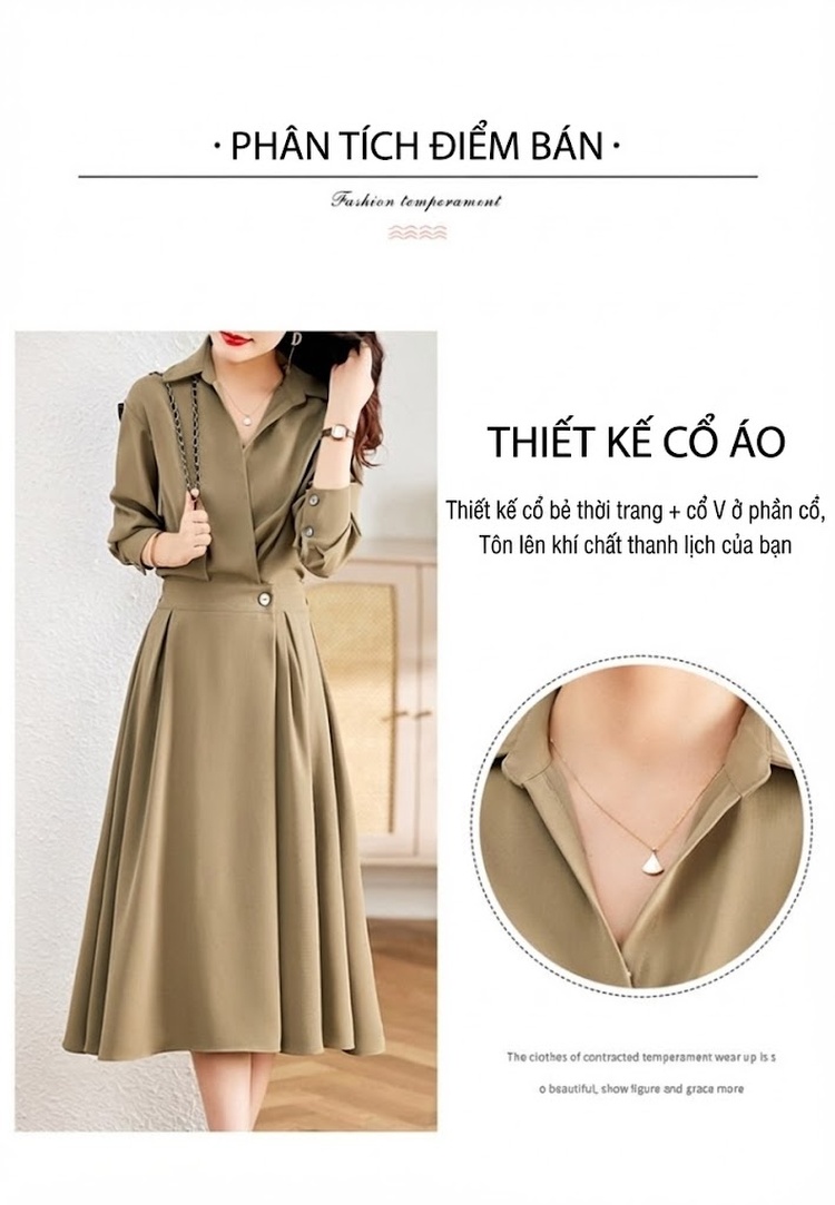 Váy Sơ Mi dáng chữ A Nữ Dài Tay Thu Đông, Thiết Kế Thanh Lịch, Tôn Dáng Màu Đen, Nâu, Xanh Rêu chi tiết 5