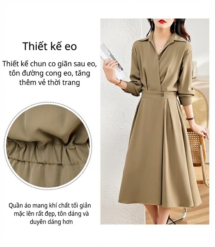 Váy Sơ Mi dáng chữ A Nữ Dài Tay Thu Đông, Thiết Kế Thanh Lịch, Tôn Dáng Màu Đen, Nâu, Xanh Rêu chi tiết 7