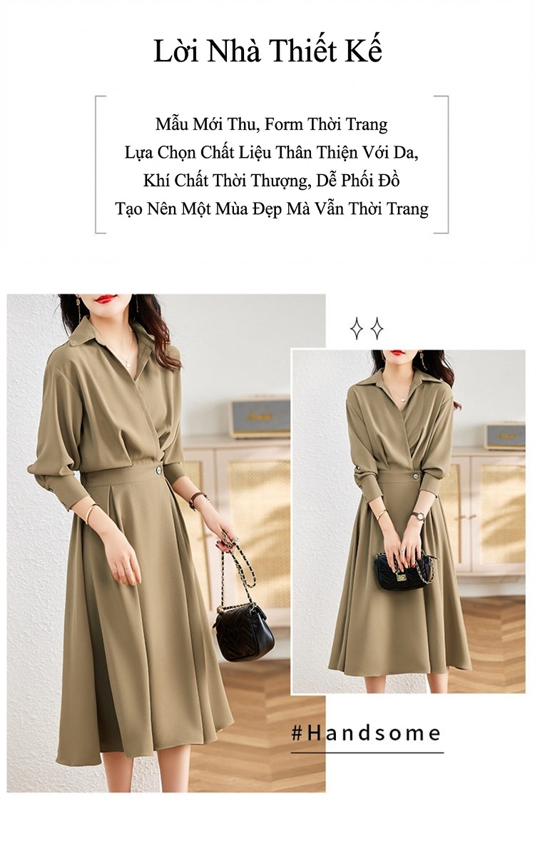 Váy Sơ Mi dáng chữ A Nữ Dài Tay Thu Đông, Thiết Kế Thanh Lịch, Tôn Dáng Màu Đen, Nâu, Xanh Rêu chi tiết 2