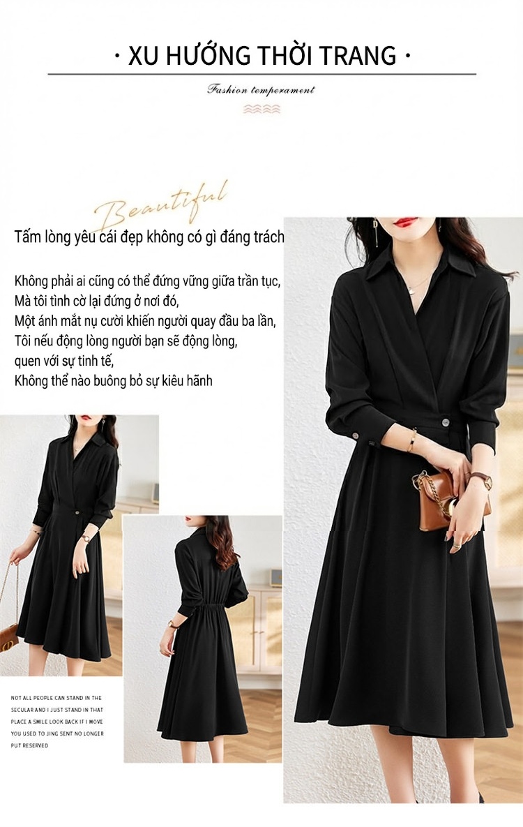 Váy Sơ Mi dáng chữ A Nữ Dài Tay Thu Đông, Thiết Kế Thanh Lịch, Tôn Dáng Màu Đen, Nâu, Xanh Rêu chi tiết 4