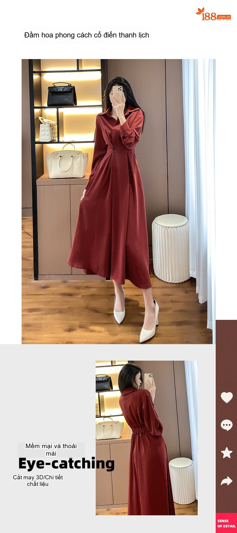Váy Sơ Mi dáng chữ A Nữ Phong Cách Pháp Thanh Lịch Màu Đỏ Rượu Vang chi tiết 2